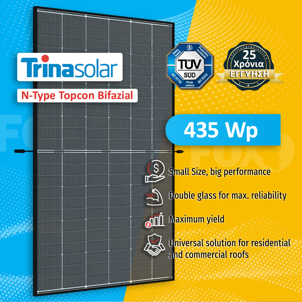 Φωτοβολταϊκό Πάνελ N-type Bifazial Dual Glass Trina NEG9RC.27, 435Wp