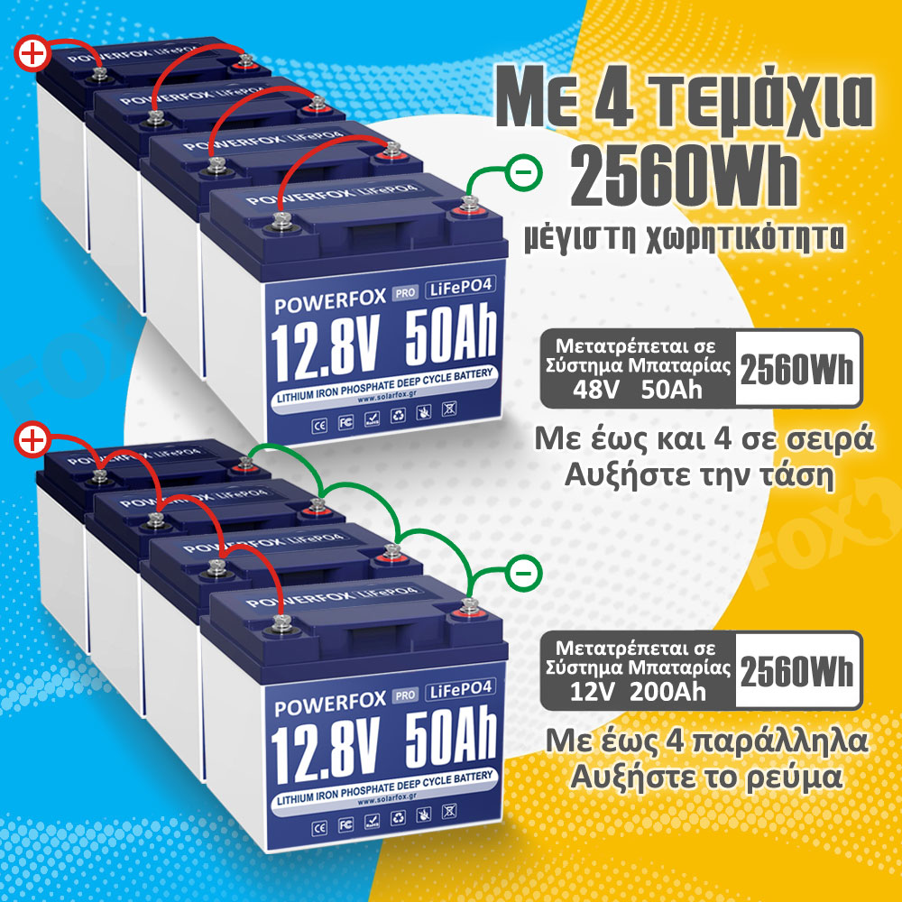 POWERFOX 12V 50Ah LiFePO4 Μπαταρία για Ναυτιλία, Φωτοβολταικά, Ψάρεμα, Κάμπινγκ