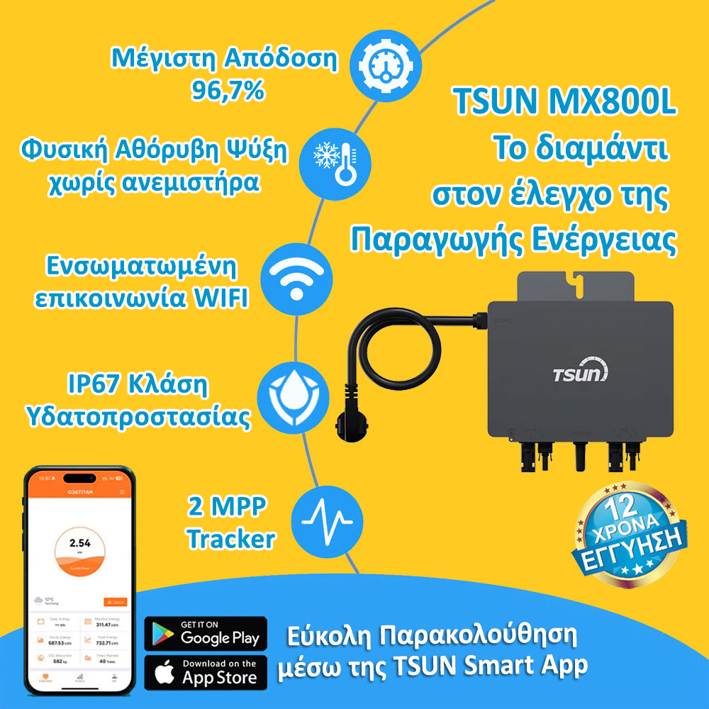 800 Watt TSUN Balcony MX800Lite Νέας Γενιάς Micro Inverter +Ρελέ προστασίας +WiFi +AC Καλώδιο Σύνδεσης Schuko +Zero Feed-in