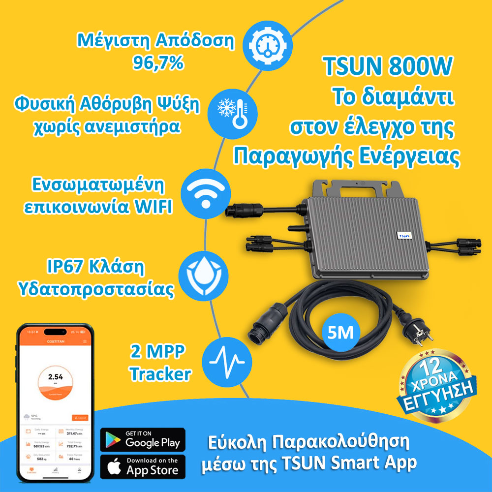 800 Watt TSUN TSOL-MS800 Balcony Νέας Γενιάς Micro Inverter με Ρελέ προστασίας & WiFi + AC Καλώδιο Σύνδεσης Schuko